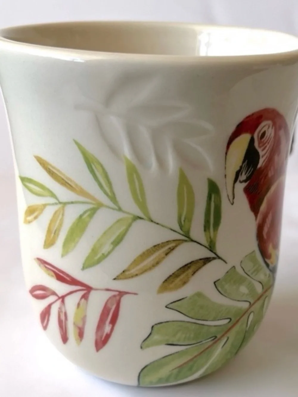 Pier 1 Vintage Red Parrot White Mug Cup Bamboo Handle 14oz